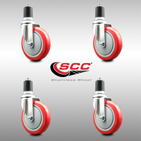 Service Caster 5 Inch 316SS Red Polyurethane Swivel 1-3/4 Inch Expanding Stem Caster Set SCC SCC-SS316EX20S514-PPUB-RED-134-4